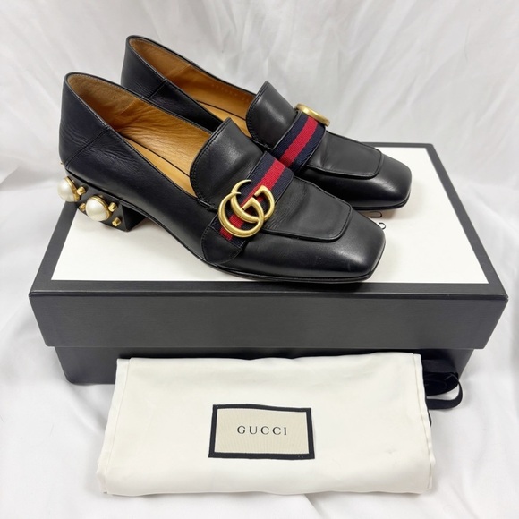 Gucci Peyton GG Pearl Block Heel Square Toe Loafers Black EU 36.5 - Picture 2 of 11